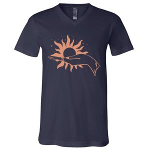 Boho Styled Open Palm Sun In Hand V-Neck T-Shirt