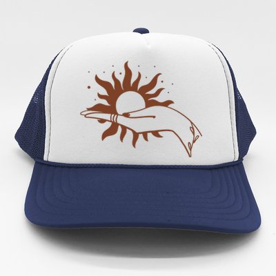 Boho Styled Open Palm Sun In Hand Trucker Hat