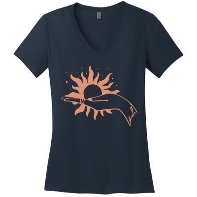 Boho Styled Open Palm Sun In Hand Women's V-Neck T-Shirt