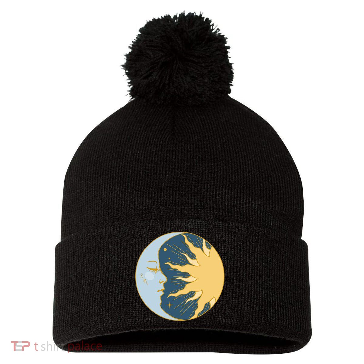 Boho Sun And Moon Pom Pom 12in Knit Beanie