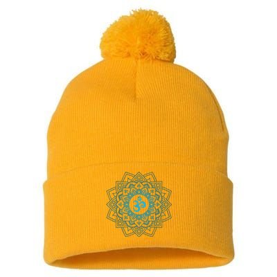 Blue Om Meditation Mandala Pom Pom 12in Knit Beanie