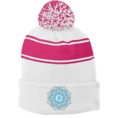 Blue Om Meditation Mandala Stripe Pom Pom Beanie