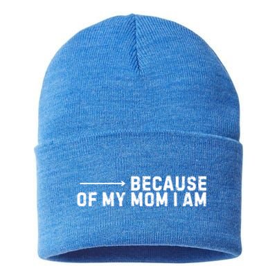 Because Of My Mom I Am MotherS Day Funny Gift For Mom Grandma Cool Gift Sustainable Knit Beanie