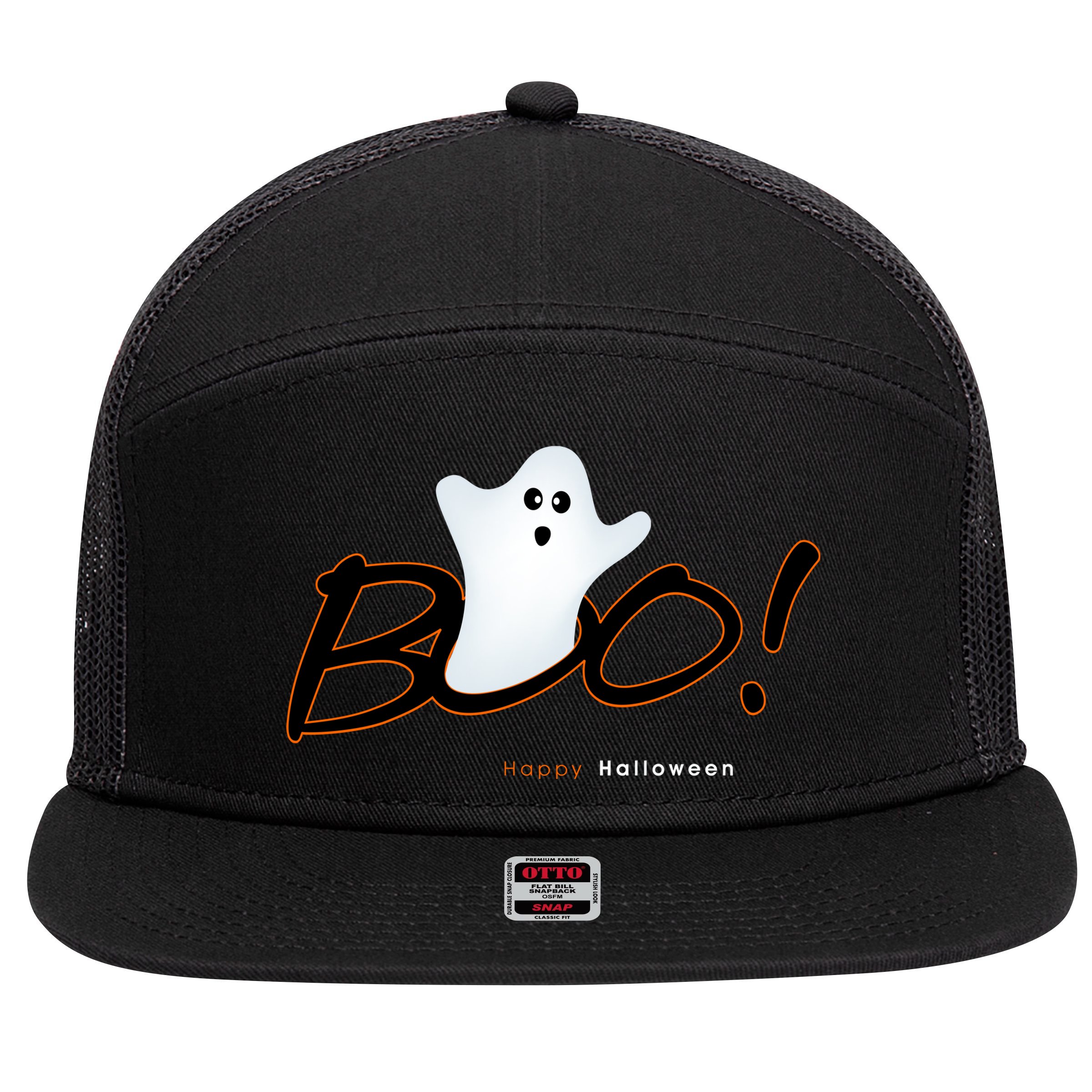 Boo Happy Halloween Ghost 7 Panel Mesh Trucker Snapback Hat