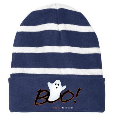 Boo Happy Halloween Ghost Striped Beanie with Solid Band