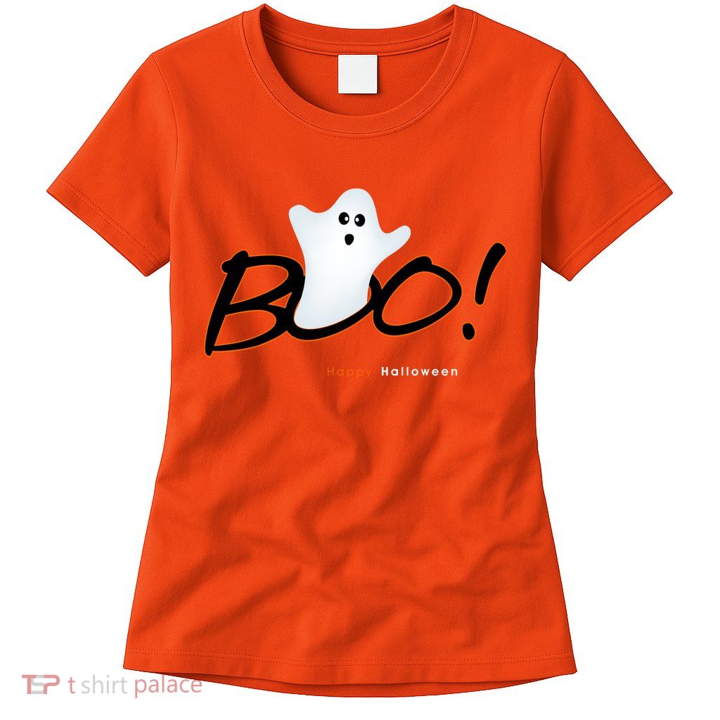 Boo Happy Halloween Ghost Womens T-Shirt
