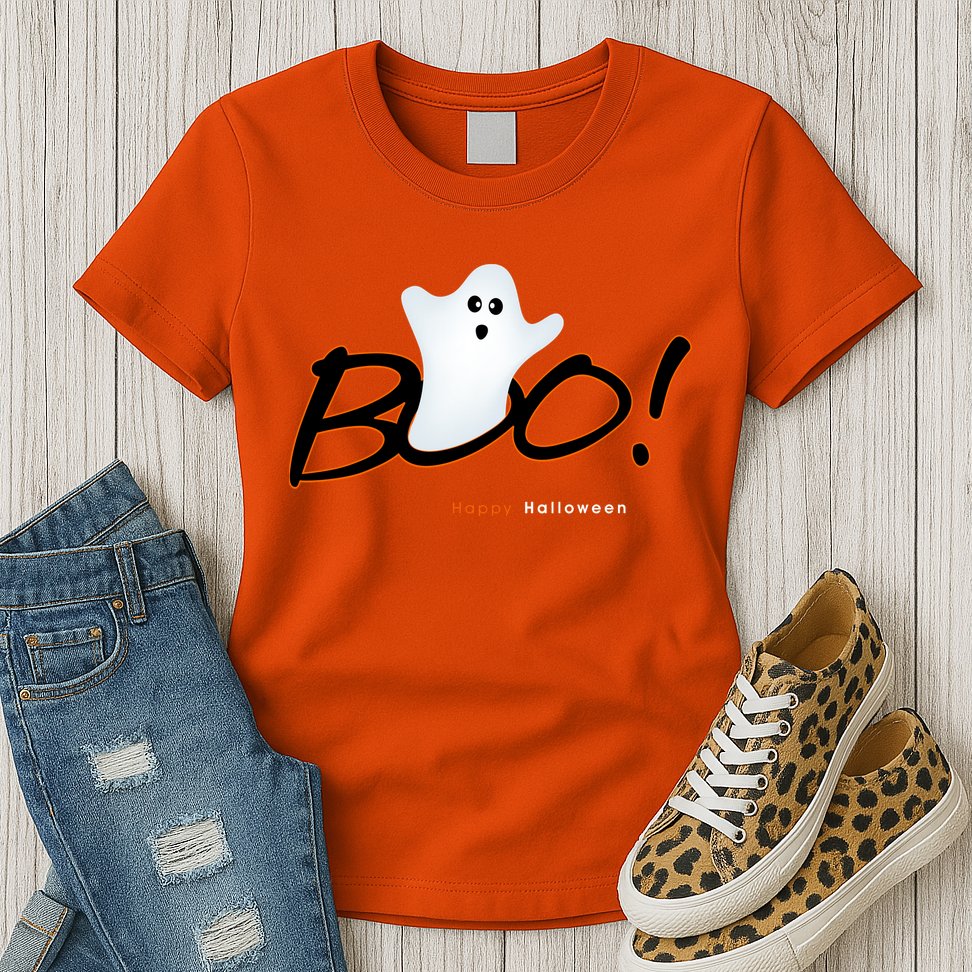 Boo Happy Halloween Ghost Womens T-Shirt