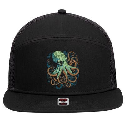 Beautiful Octopus Ocean Animal Lover Artistic Graphic 7 Panel Mesh Trucker Snapback Hat