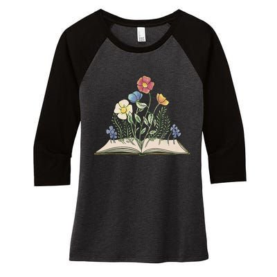 Book With Flowers Women's Tri-Blend 3/4-Sleeve Raglan Shirt