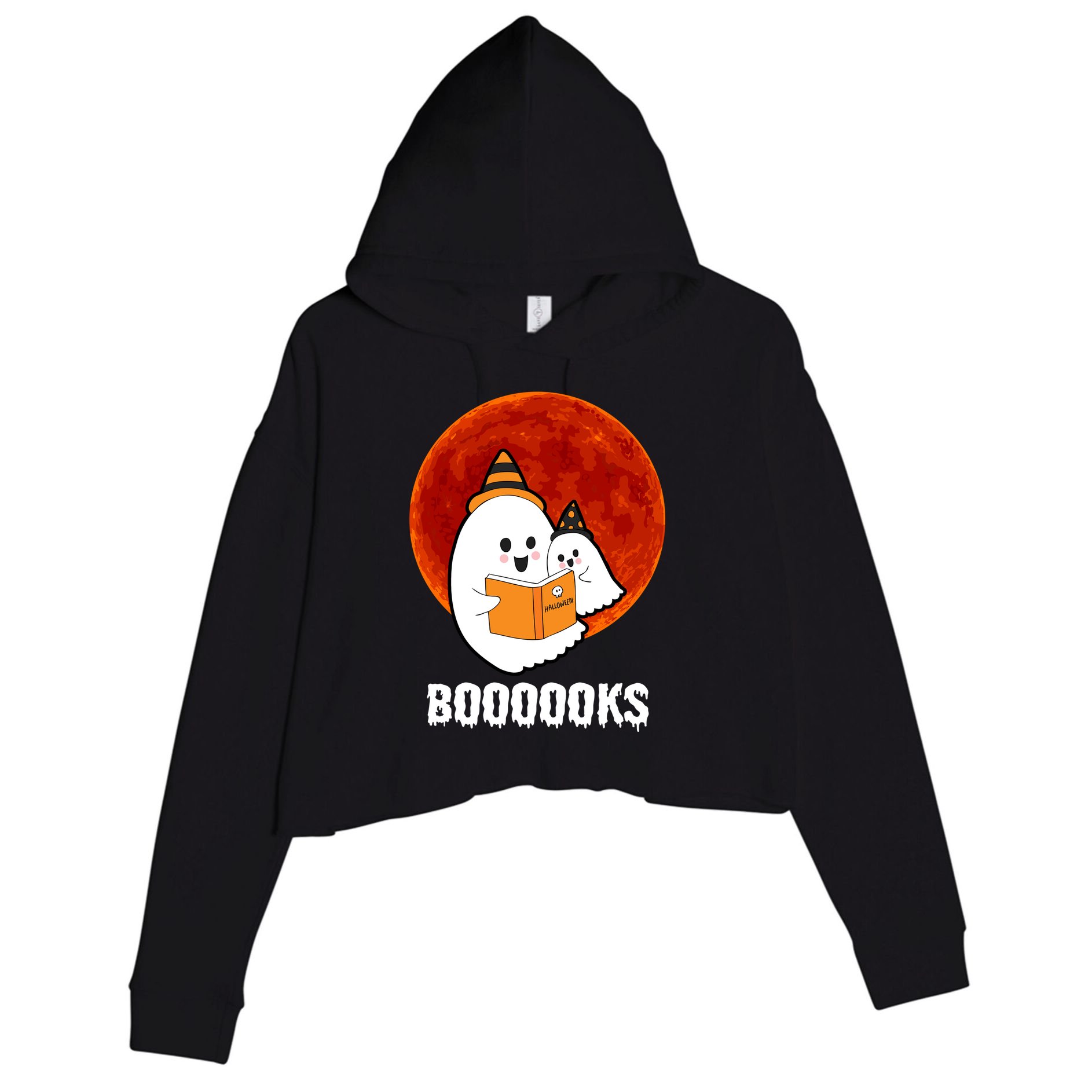 Boooooks Funny Cute Halloween Book Crop Fleece Hoodie