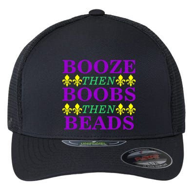 Booze then Boobs then Beads Mardi Gras New Orleans Flexfit Unipanel Trucker Cap