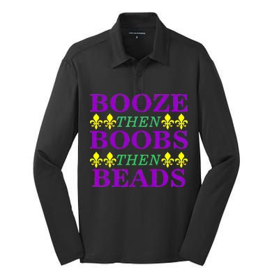 Booze then Boobs then Beads Mardi Gras New Orleans Silk Touch Performance Long Sleeve Polo