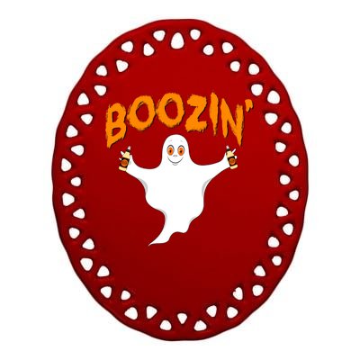 Boozin' Ghost With Beer Ceramic Oval Ornament