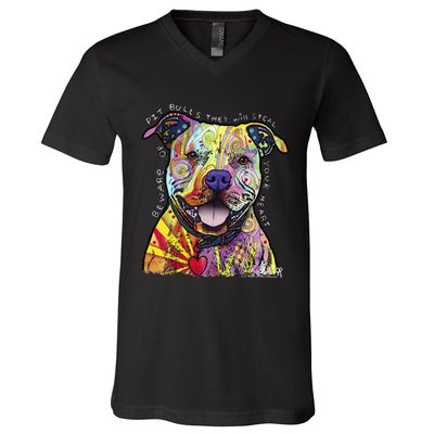 Beware Of Pit Bulls Dean Russo Pitbull Original Dog Lover V-Neck T-Shirt