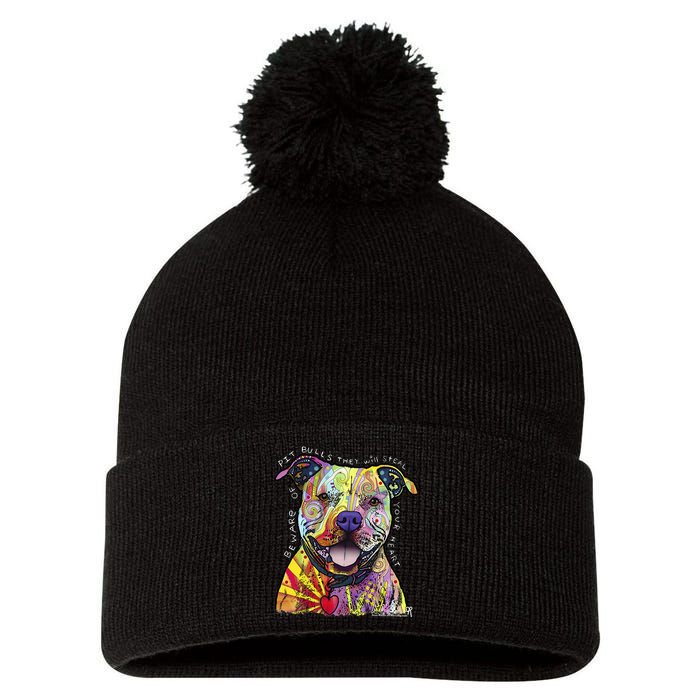 Beware Of Pit Bulls Dean Russo Pitbull Original Dog Lover Pom Pom 12in Knit Beanie