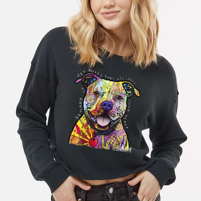 Beware Of Pit Bulls Dean Russo Pitbull Original Dog Lover Cropped Pullover Crew