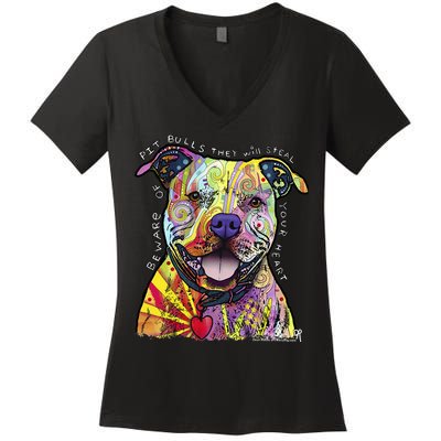 Beware Of Pit Bulls Dean Russo Pitbull Original Dog Lover Women's V-Neck T-Shirt
