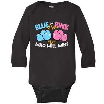 Blue Or Pink Who Will Win Funny Gender Reveal Baby Long Sleeve Bodysuit