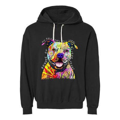 Beware of Pit Bulls They Will Steal Your Heart Funny Dogs Garment-Dyed Fleece Hoodie