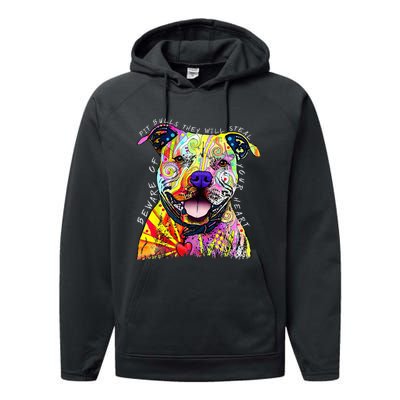 Beware of Pit Bulls They Will Steal Your Heart Funny Dogs Performance Fleece Hoodie