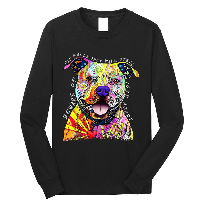 Beware of Pit Bulls They Will Steal Your Heart Funny Dogs Long Sleeve Shirt