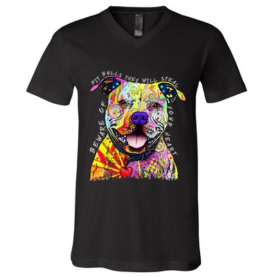 Beware of Pit Bulls They Will Steal Your Heart Funny Dogs V-Neck T-Shirt