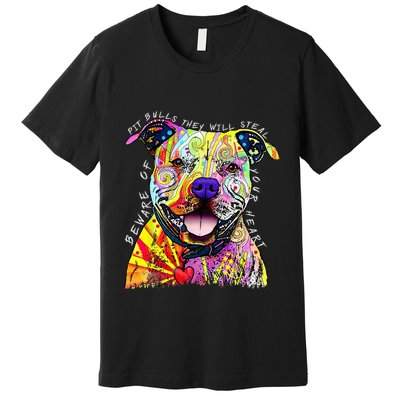 Beware of Pit Bulls They Will Steal Your Heart Funny Dogs Premium T-Shirt