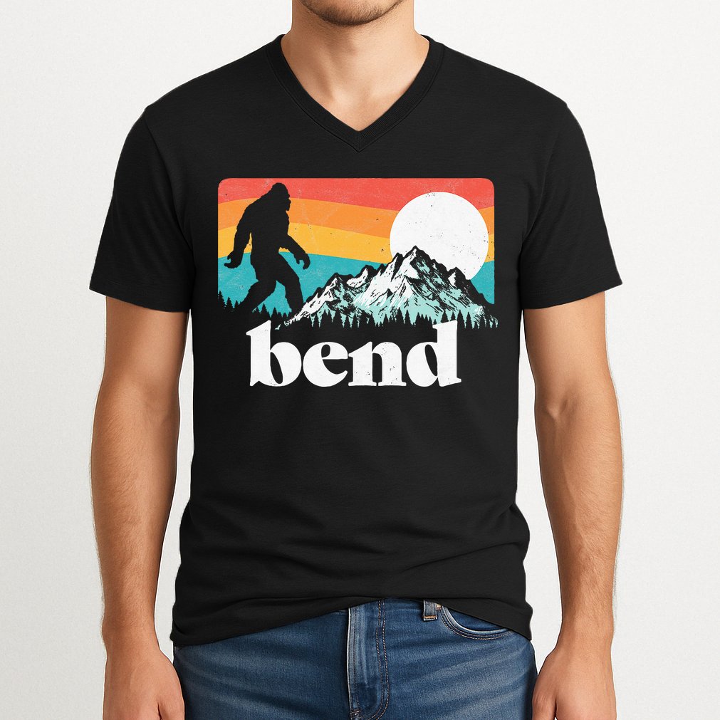 Bend Oregon Retro Bigfoot Mountains V-Neck T-Shirt