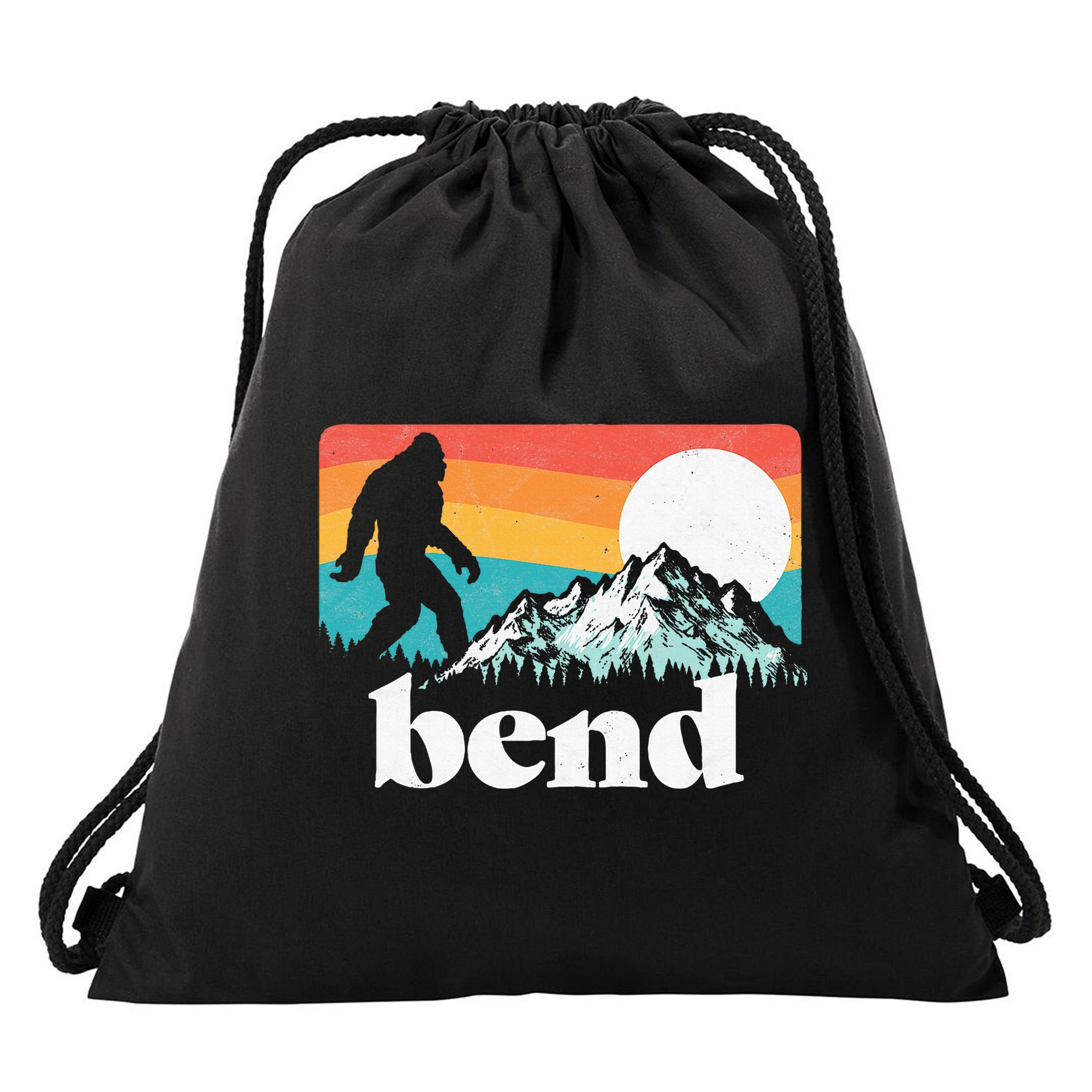 Bend Oregon Retro Bigfoot Mountains Drawstring Bag