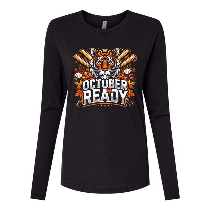 Baseball October Ready Tiger D Womens Cotton Relaxed Long Sleeve T-Shirt