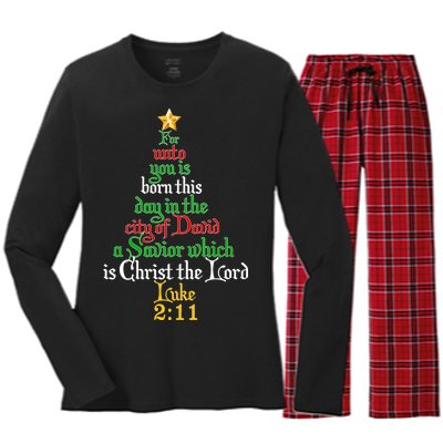  Born A Savior Christmas Christ The Lord Bible Verse Women's Long Sleeve Flannel Pajama Set 