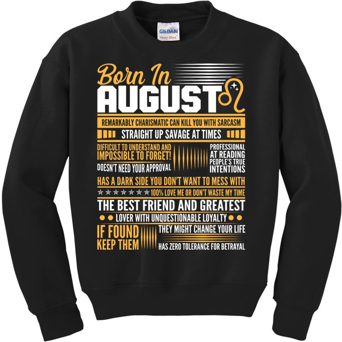 Born In August Leo Birthday Zodiac Kids Sweatshirt