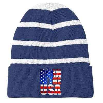 Born In The USA Flag Striped Beanie with Solid Band