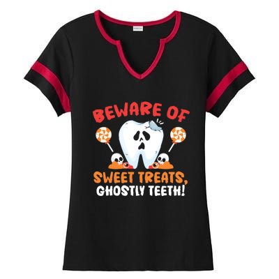 Beware Of Sweet Treats Ghostly Teeth Dental Halloween Gift Ladies Halftime Notch Neck Tee