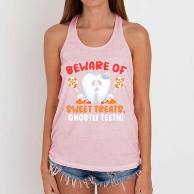 Beware Of Sweet Treats Ghostly Teeth Dental Halloween Gift Women's Knotted Racerback Tank