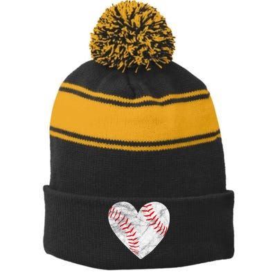 Baseball Or Softball Heart Love Stripe Pom Pom Beanie