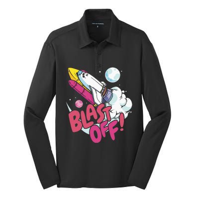 Blast off space shuttle planets Silk Touch Performance Long Sleeve Polo