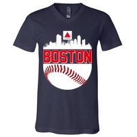 Boston Skyline Fenway Baseball Sports Logo V-Neck T-Shirt