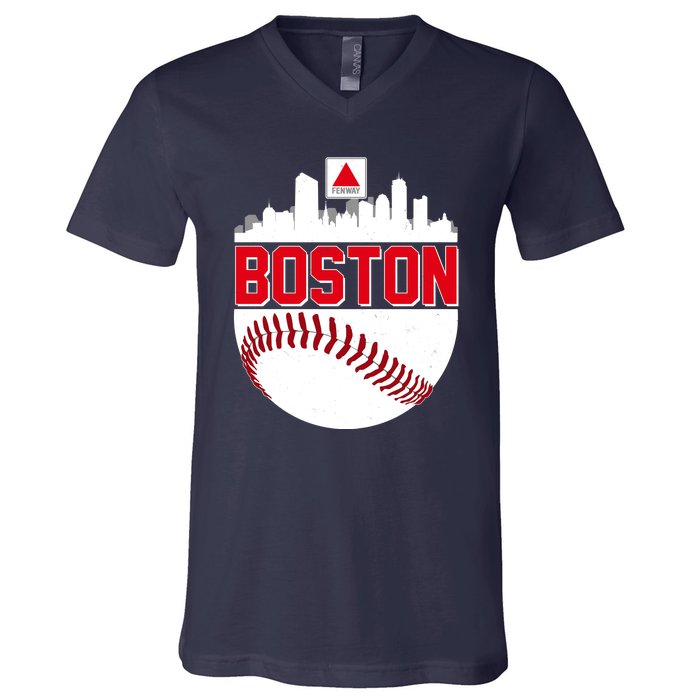 Boston Skyline Fenway Baseball Sports Logo V-Neck T-Shirt