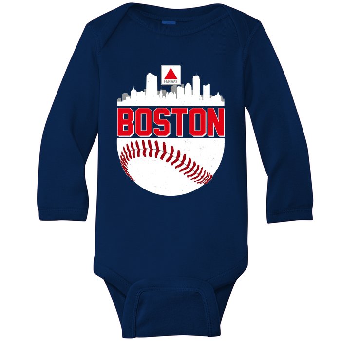 Boston Skyline Fenway Baseball Sports Logo Baby Long Sleeve Bodysuit