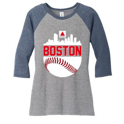 Boston Skyline Fenway Baseball Sports Logo Women's Tri-Blend 3/4-Sleeve Raglan Shirt