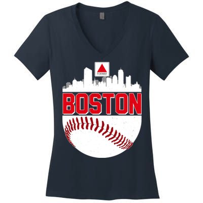 Boston Skyline Fenway Baseball Sports Logo Women's V-Neck T-Shirt