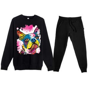 Boston Terrier Face Trippy Dog Premium Crewneck Sweatsuit Set