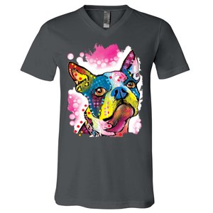 Boston Terrier Face Trippy Dog V-Neck T-Shirt