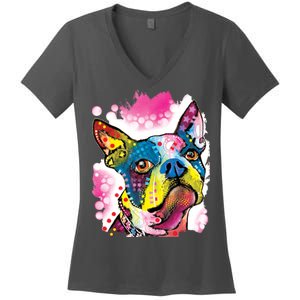 Boston Terrier Face Trippy Dog Women's V-Neck T-Shirt