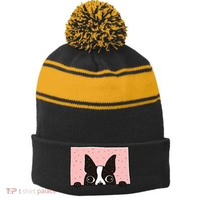 Boston Terrier Peeking Stripe Pom Pom Beanie