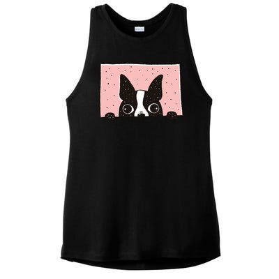 Boston Terrier Peeking Ladies PosiCharge Tri-Blend Wicking Tank