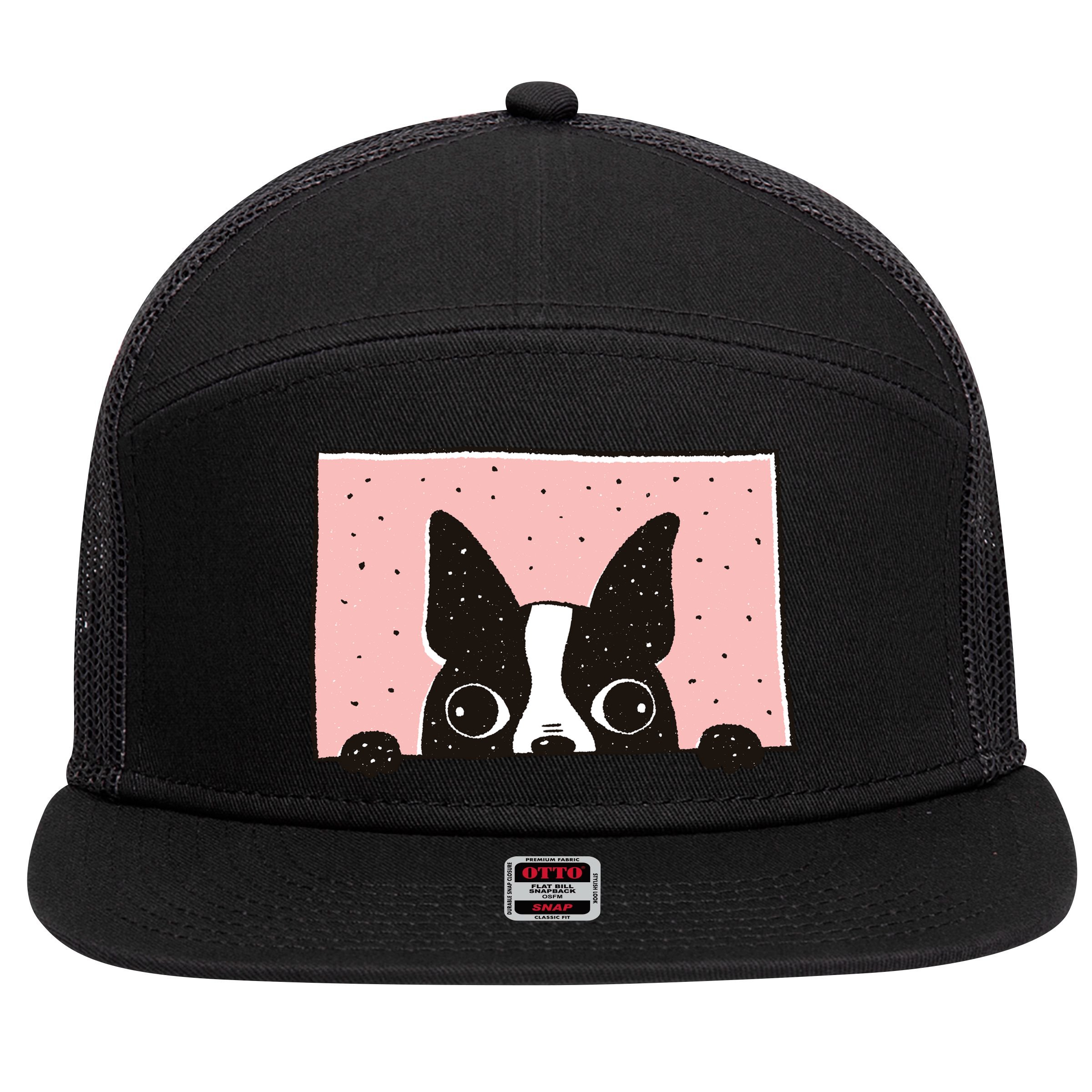 Boston Terrier Peeking 7 Panel Mesh Trucker Snapback Hat