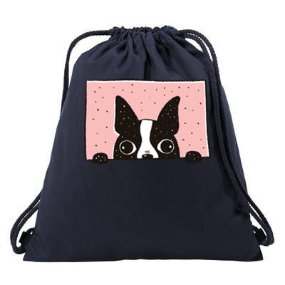 Boston Terrier Peeking Drawstring Bag