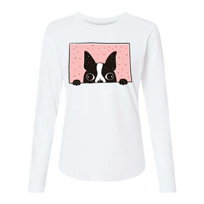 Boston Terrier Peeking Womens Cotton Relaxed Long Sleeve T-Shirt